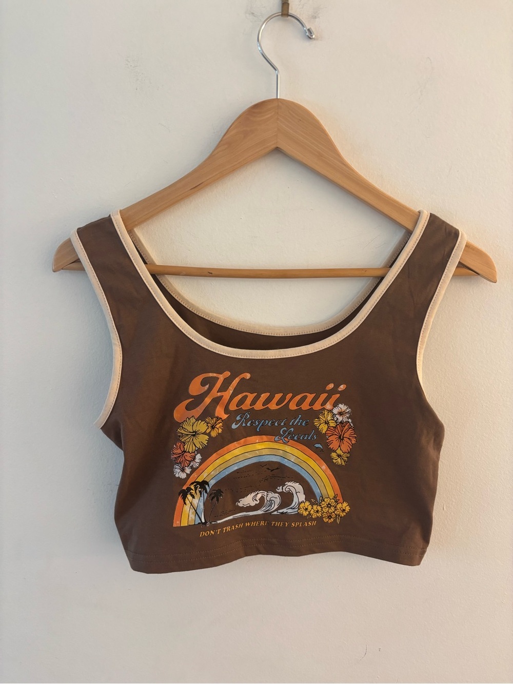 Hawaii Rainbow Graphic Brown Crop Tank Top, size Small. Good condition!
